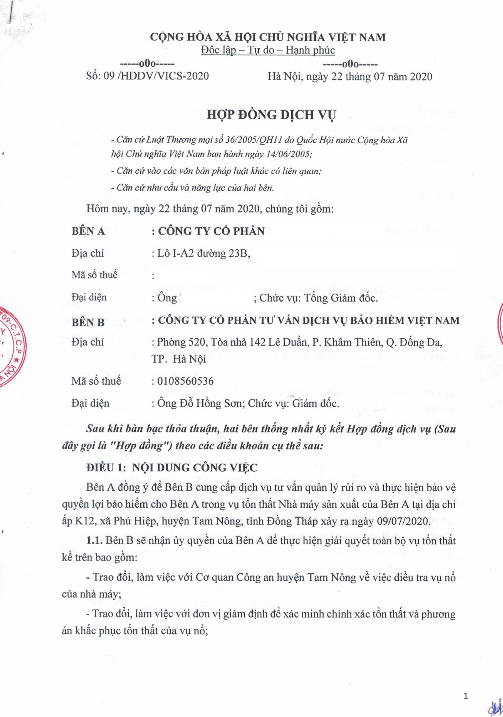 Hợp đồng dịch vụ hỗ trợ bồi thường bảo hiểm tài sản - vụ cháy nhà máy sản xuất